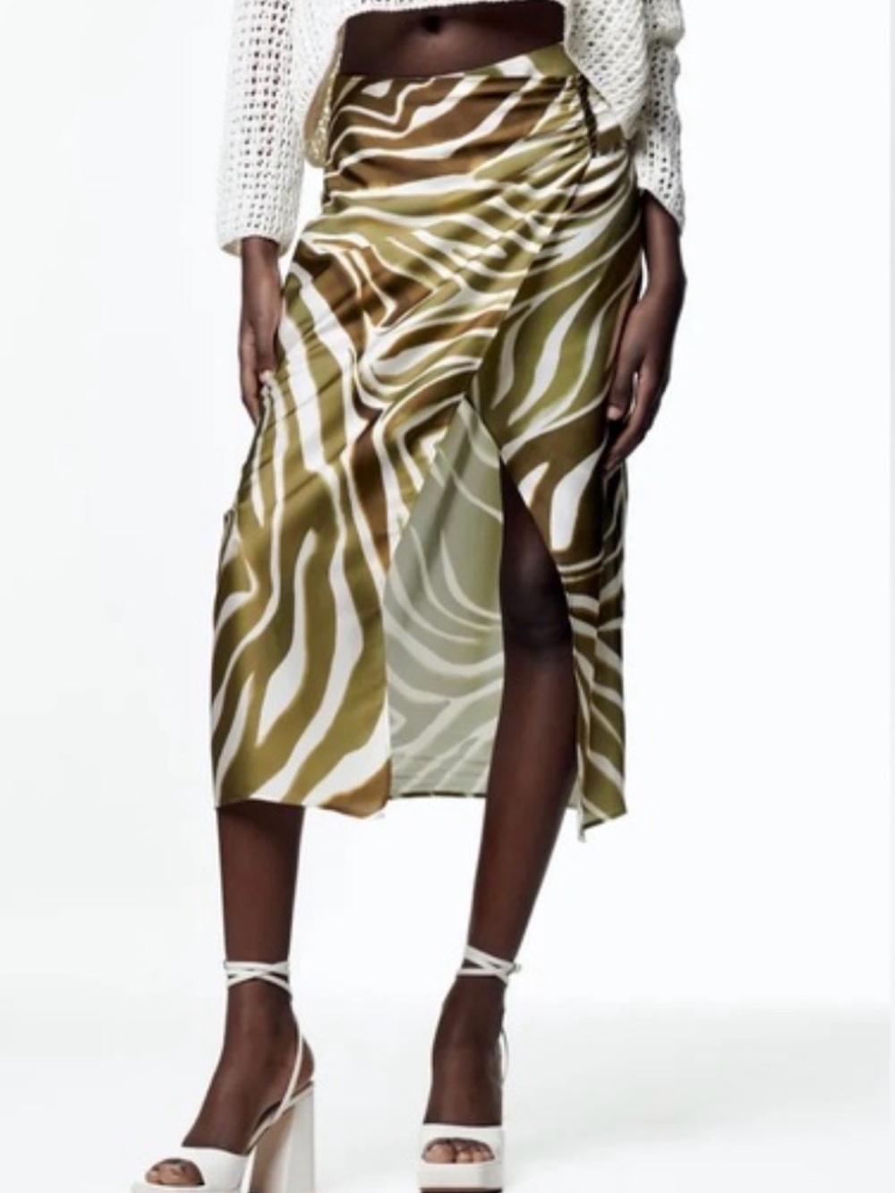 ZARA Zebra Print Midi Skirt in Olive & Cream wraparound slit Sz small
